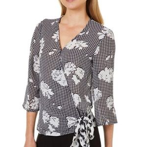 Black & White Gingham & Floral Print Wrap Blouse